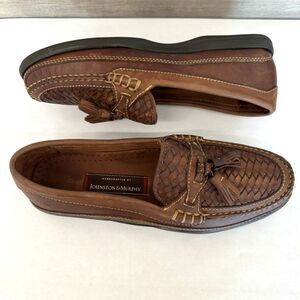 Johnston & Murphy Brown Woven Leather Slip On Loafers Men 12 M Tassel Casual